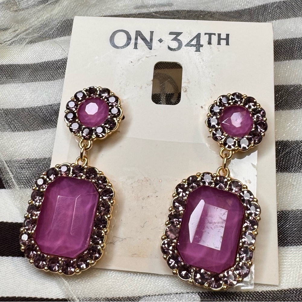 On 34th Statement Purple Double drop Gold Earrings pierced NWT - Picture 4 of 6